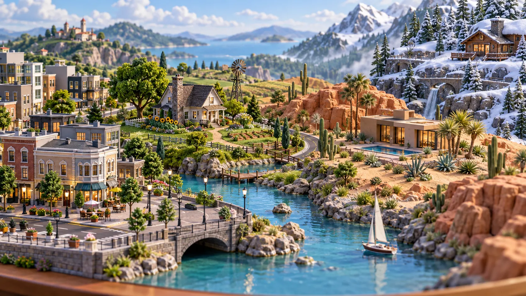 Collection of miniature neighborhoods with homes and community spaces