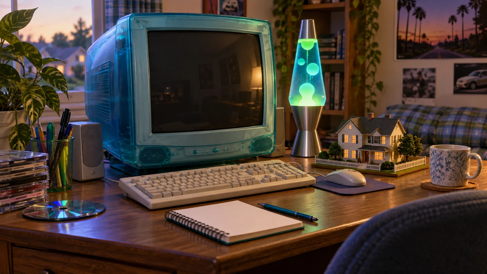 Retro computer nook with house sketches and nostalgic gaming details