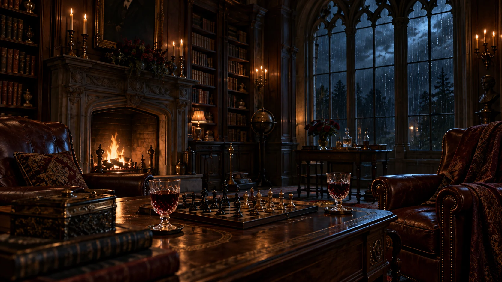 Rainy Gothic mansion library with fireplace, chessboard, and two glasses of dark red liquid
