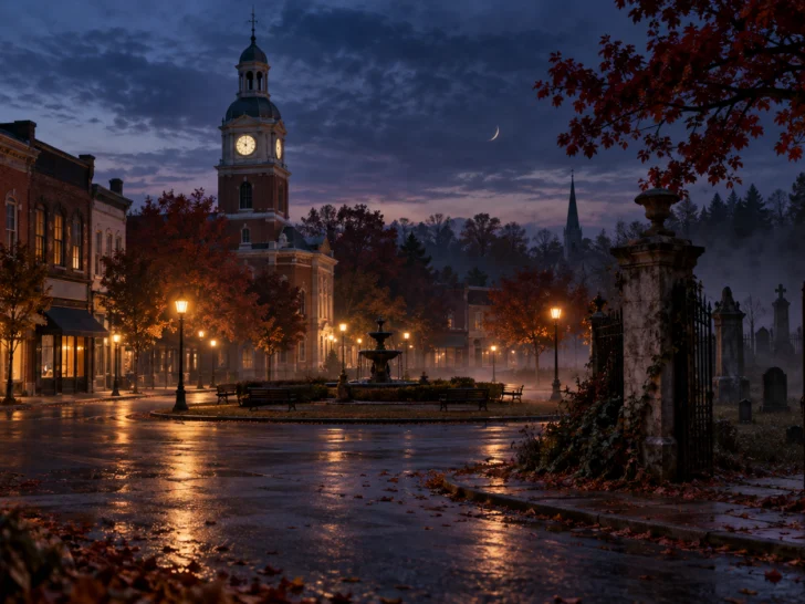 Misty historic Virginia town square and cemetery gate at blue hour