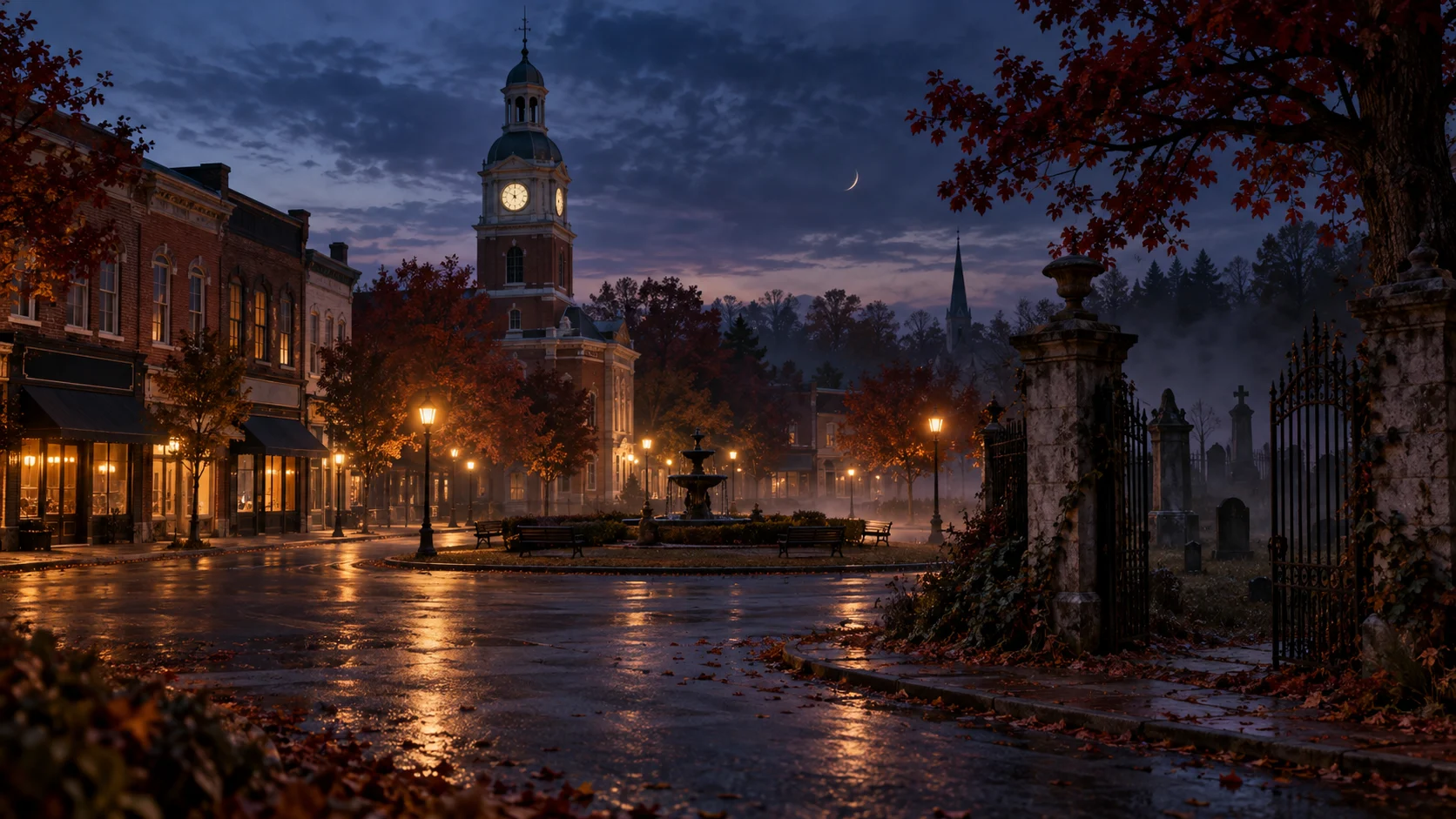 Misty historic Virginia town square and cemetery gate at blue hour