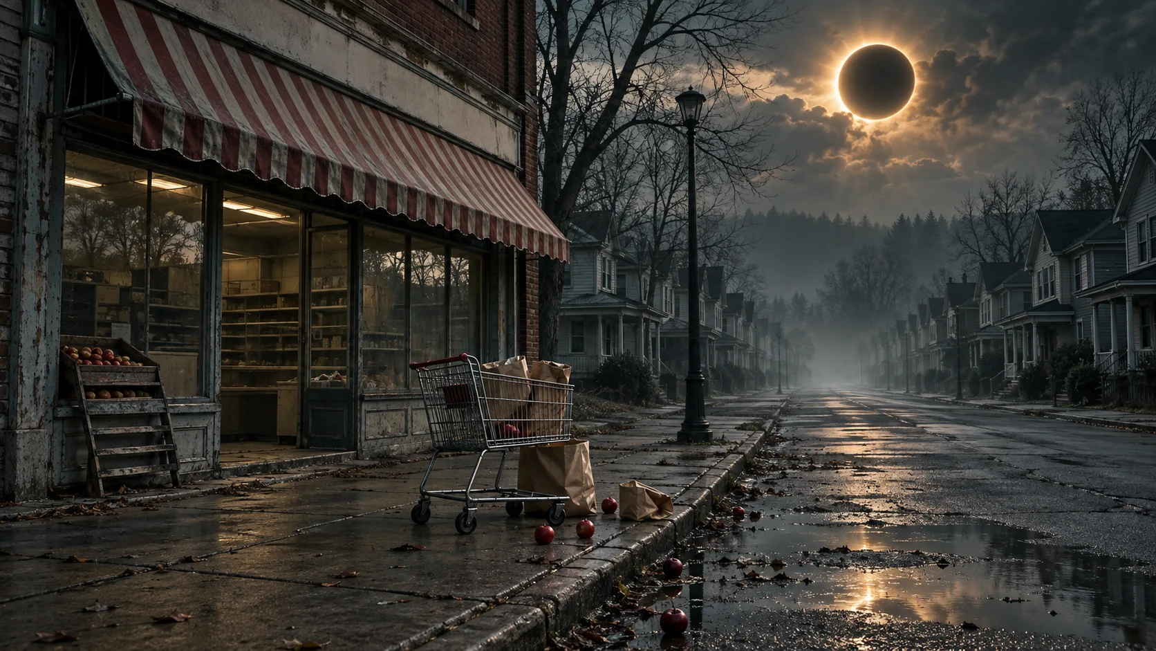 Abandoned 1990s neighborhood grocery and empty street beneath a solar eclipse