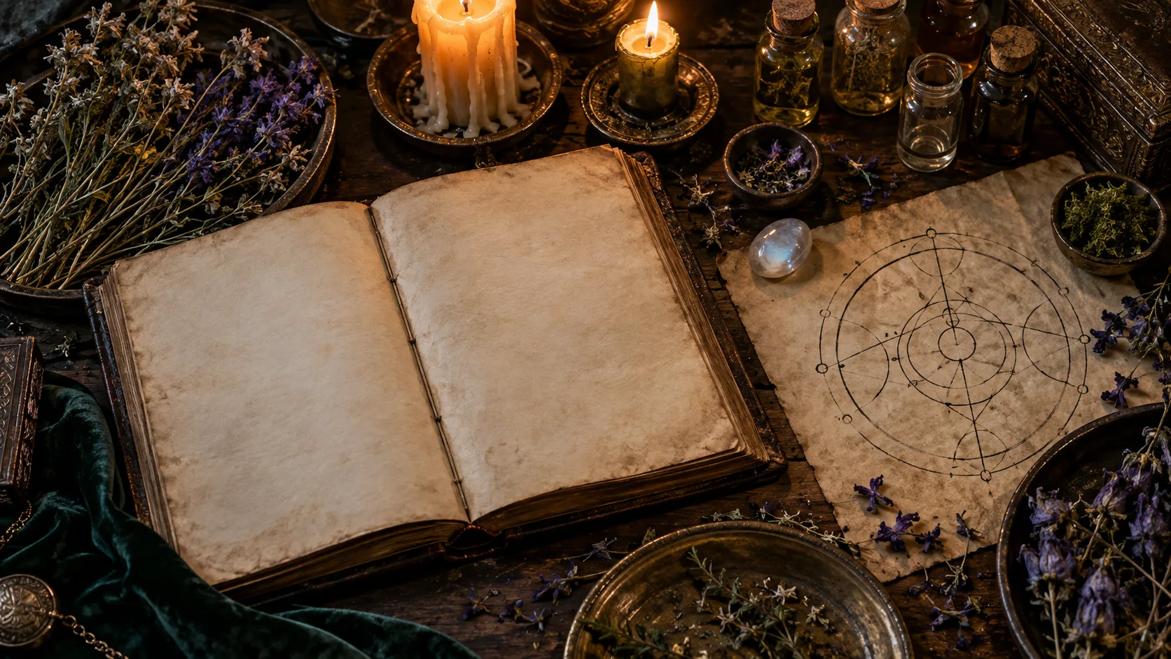 Blank antique grimoire with dried herbs, candles, vials, moonstone, and an abstract ritual diagram