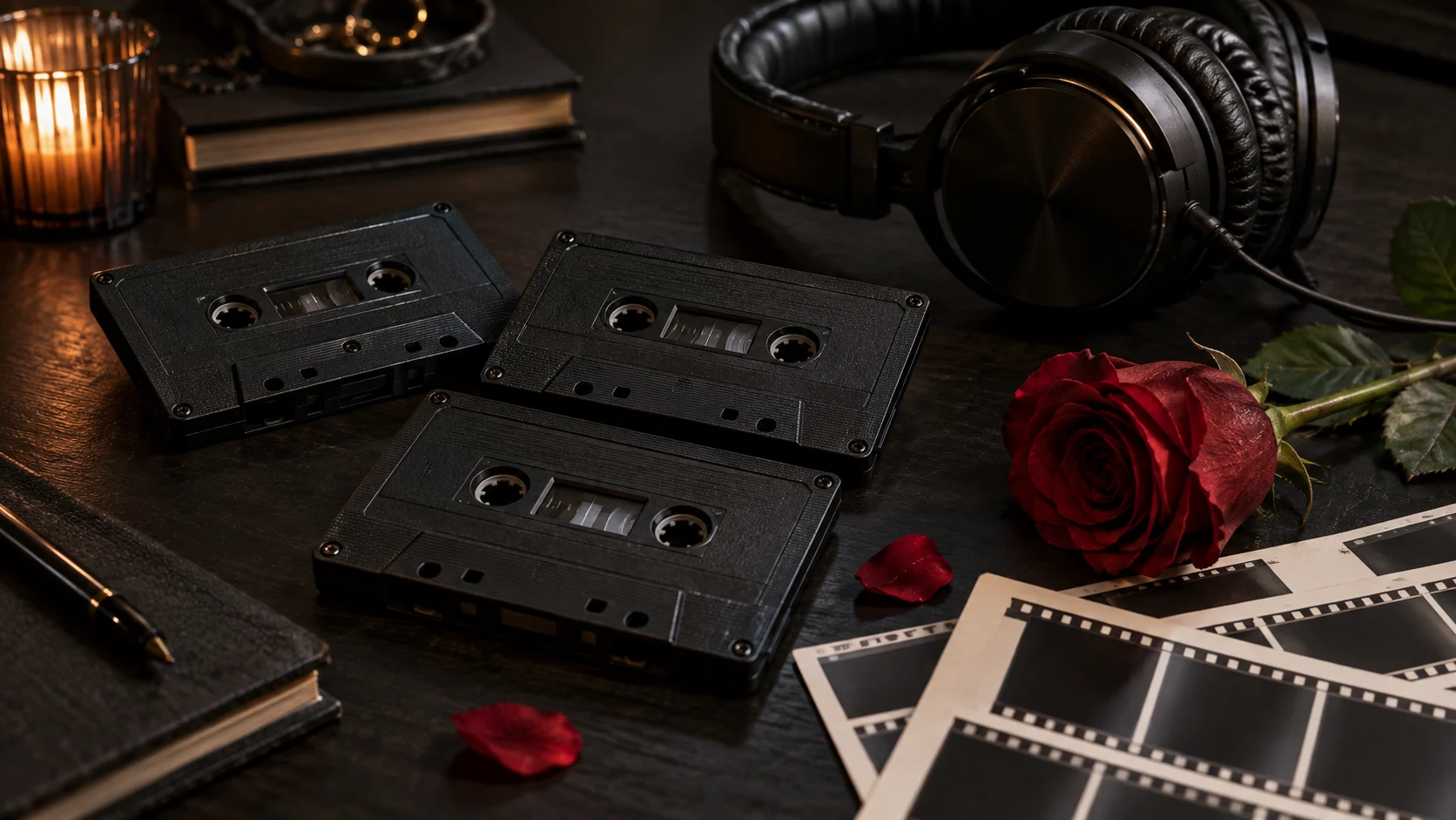 Three black cassette tapes headphones and a red rose on a table