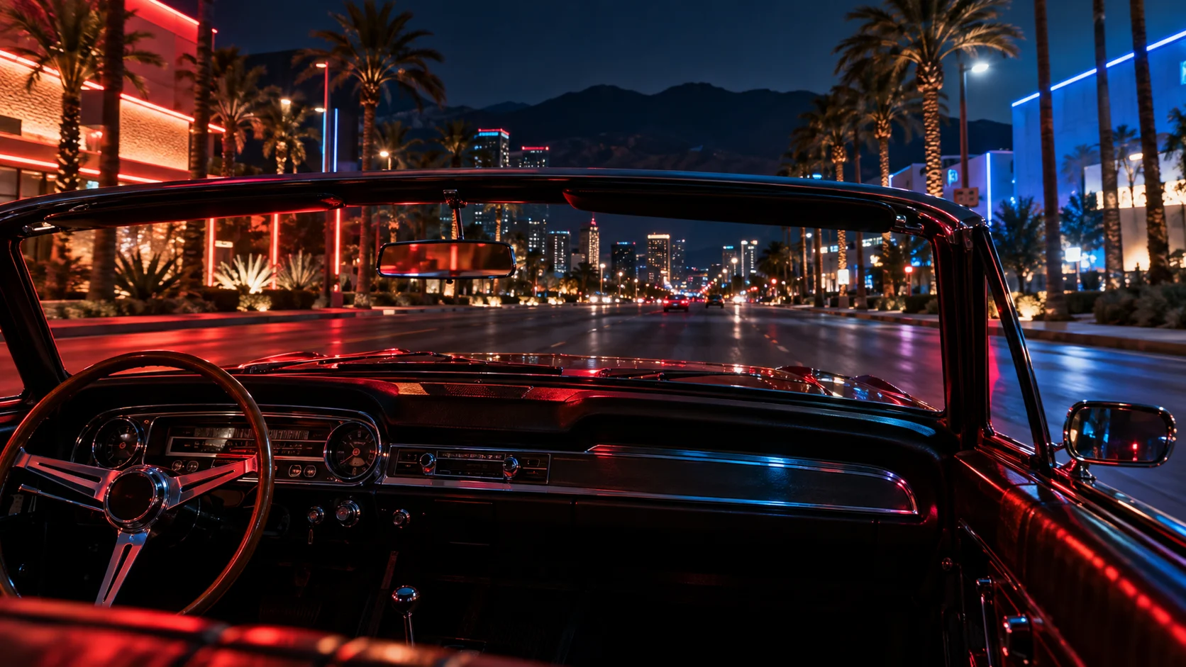 Neon-lit desert city boulevard viewed from a vintage convertible
