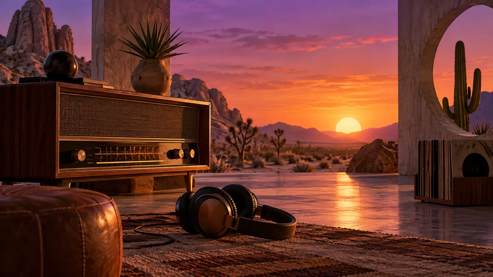 Retro radio console and headphones in a desert studio at sunrise