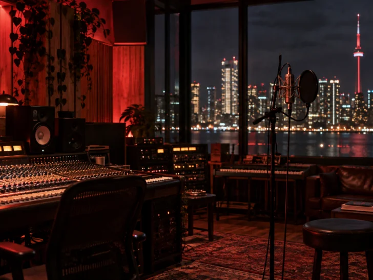 Moody Toronto recording studio overlooking the city at night