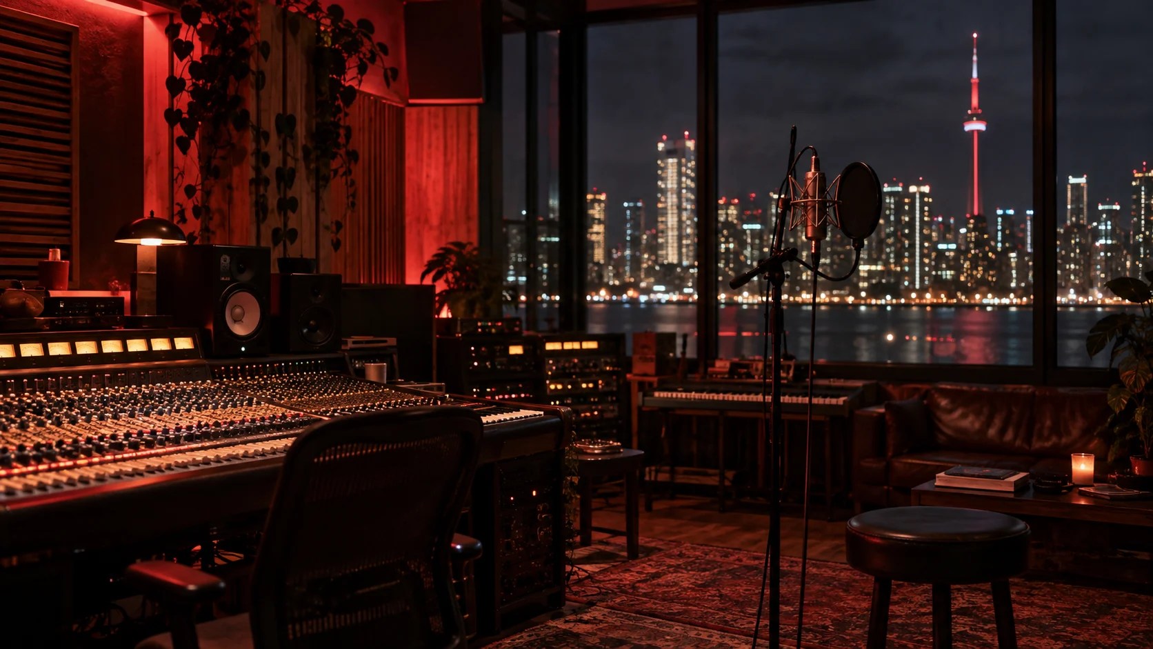 Moody Toronto recording studio overlooking the city at night