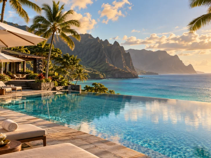 An infinity pool overlooks a tropical island coast at sunrise