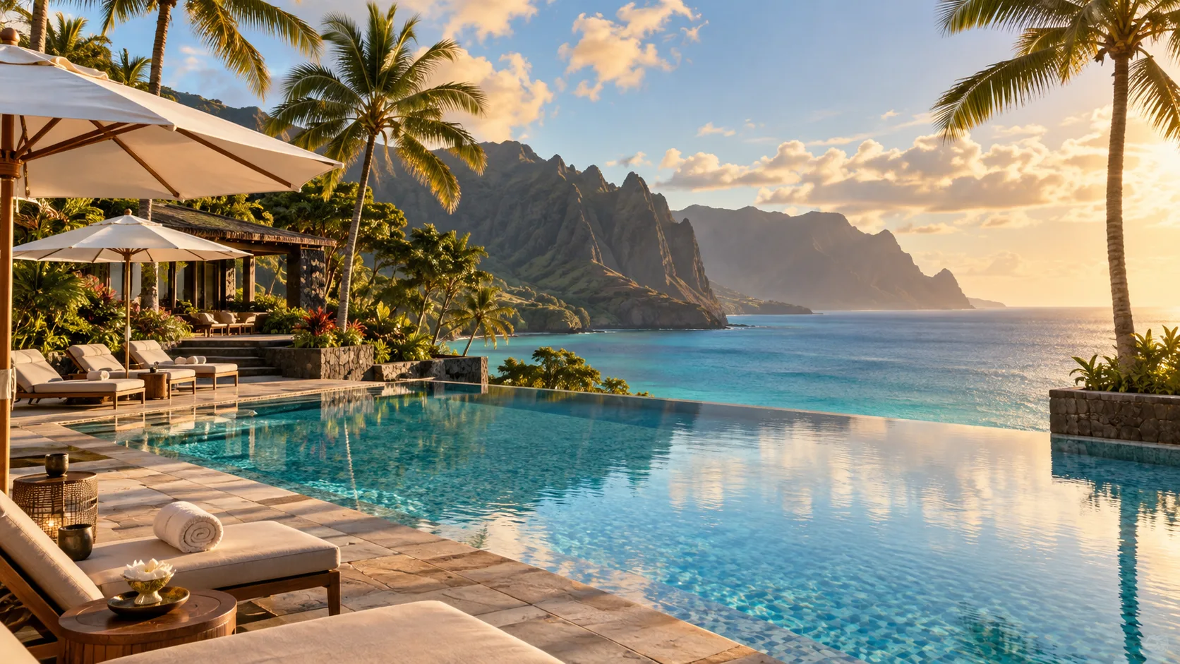 An infinity pool overlooks a tropical island coast at sunrise