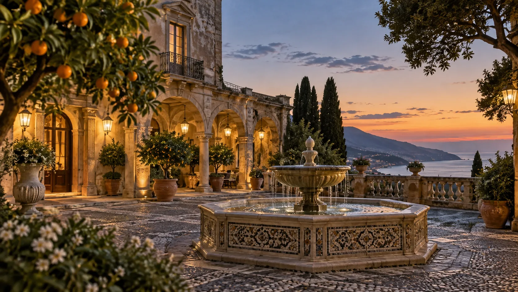 A lantern-lit Sicilian courtyard overlooks the Mediterranean