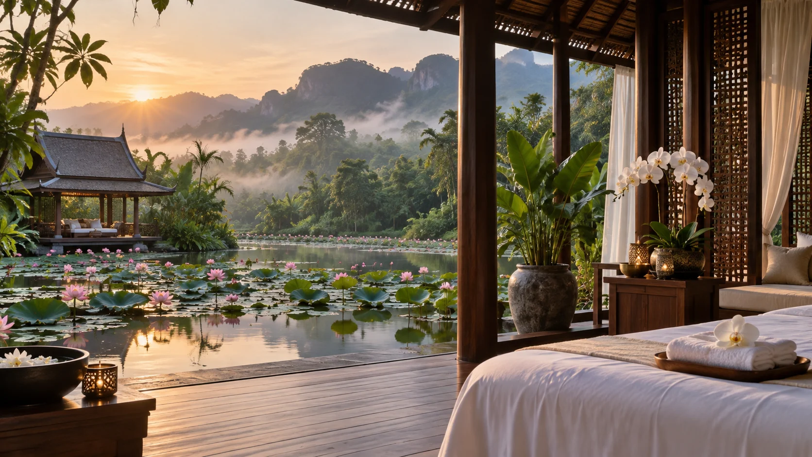 A Thai wellness pavilion sits beside a blooming lotus pond