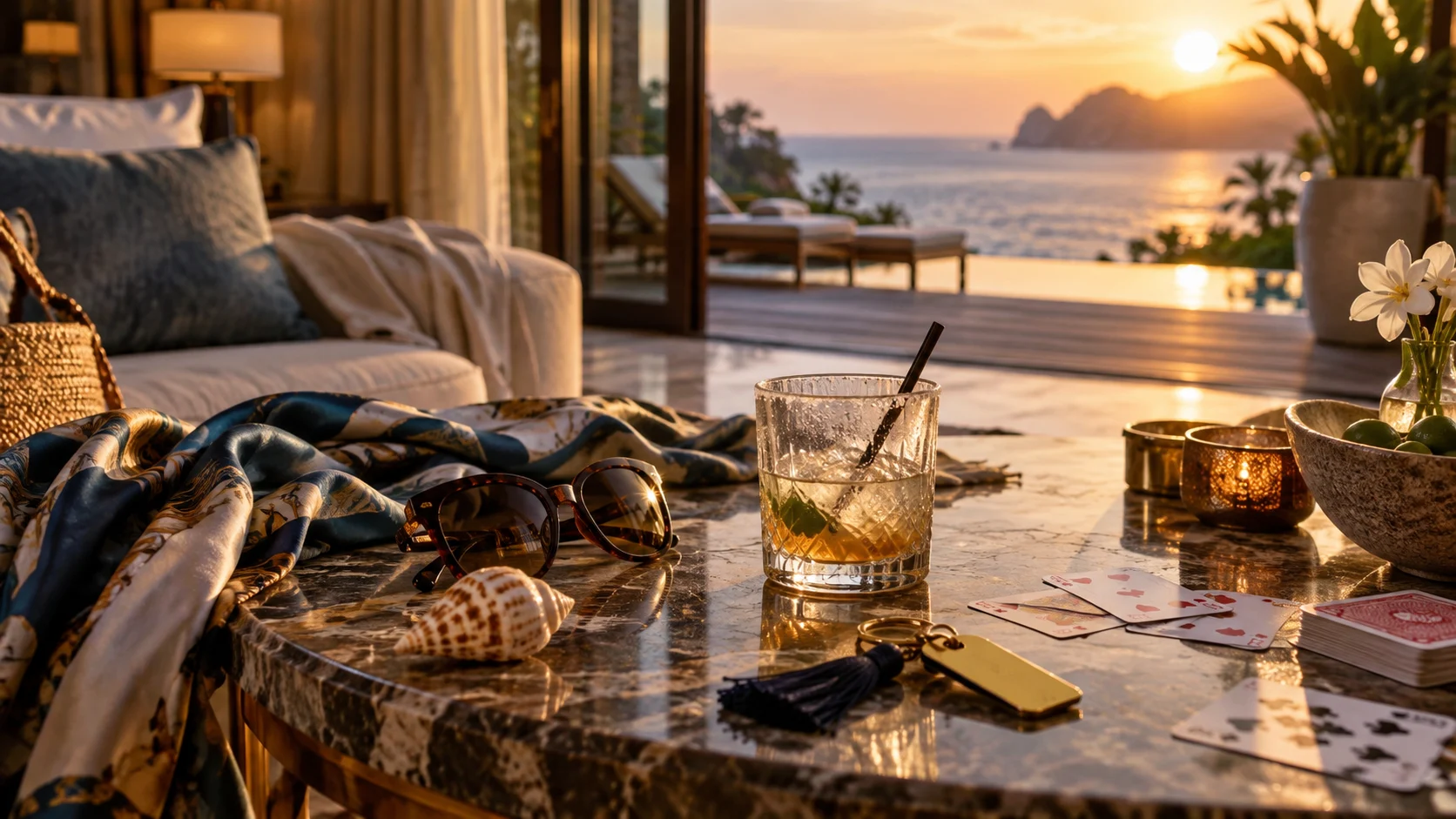 Sunglasses, a cocktail, and playing cards lie in a luxury suite