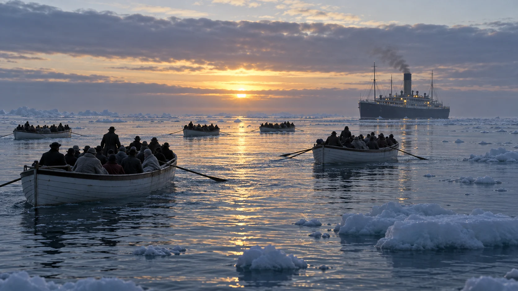 Wooden lifeboats carrying survivors toward a distant steamship at dawn in icy North Atlantic water
