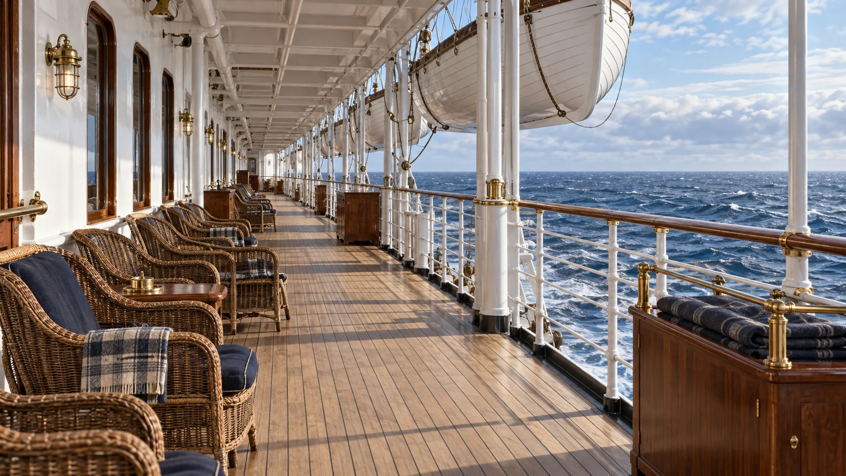 Empty 1912 ocean liner promenade with wicker chairs, lifeboats, blankets, and North Atlantic horizon