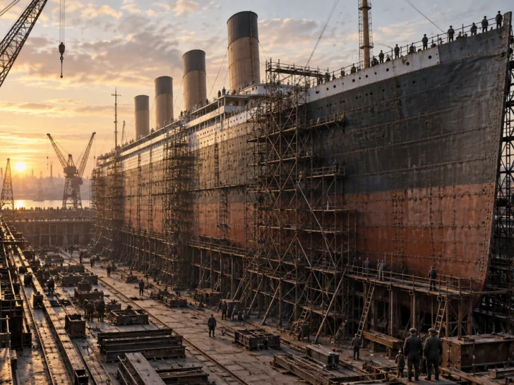 Four-funnel ocean liner under construction in an early-1910s British shipyard