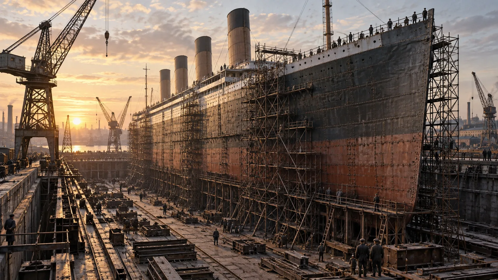 Four-funnel ocean liner under construction in an early-1910s British shipyard