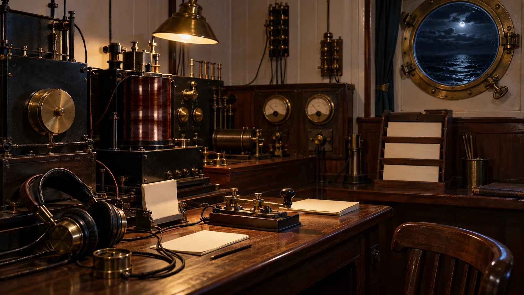 1912 ocean liner wireless room with telegraph key, headphones, coils, gauges, and blank message slips