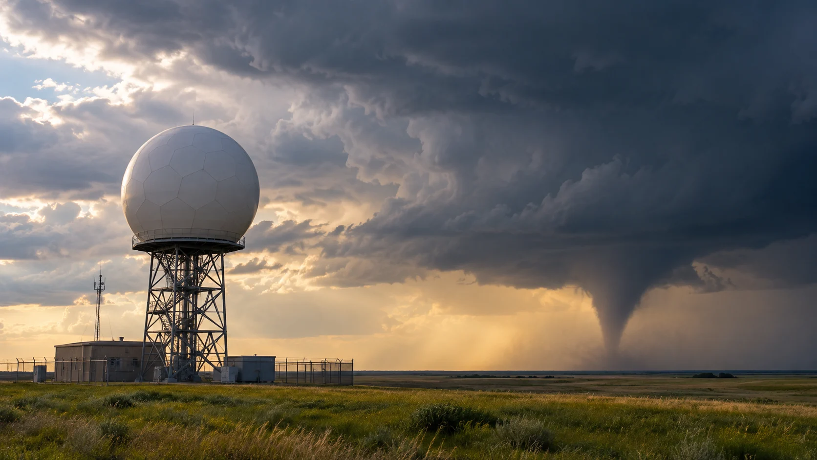 A Doppler radar dome monitors a distant prairie storm