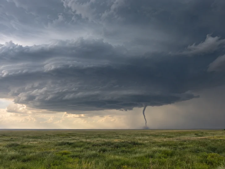 A slender tornado descends beneath a supercell over open prairie
