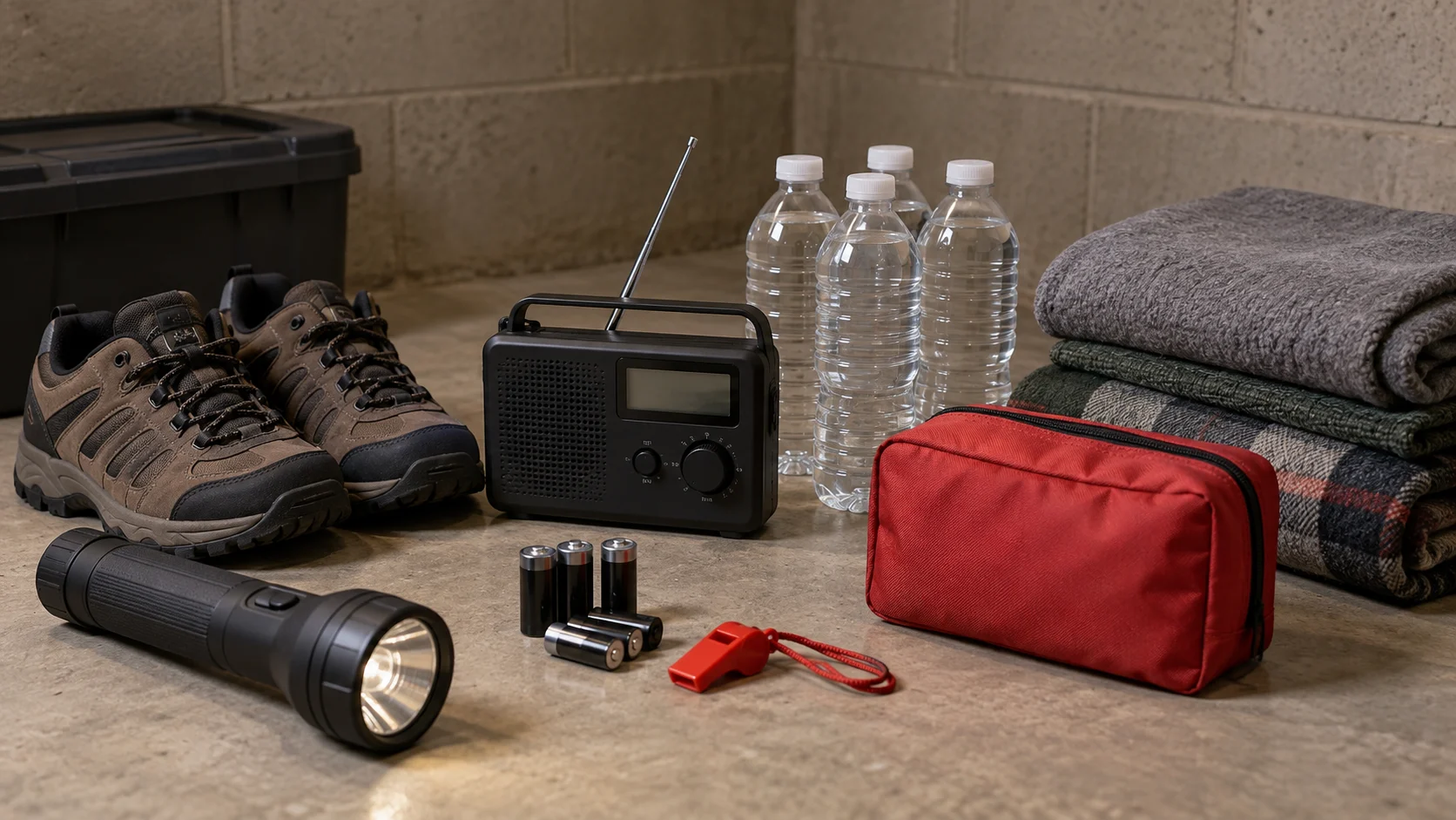 A flashlight radio water and sturdy shoes wait inside a tornado safe room