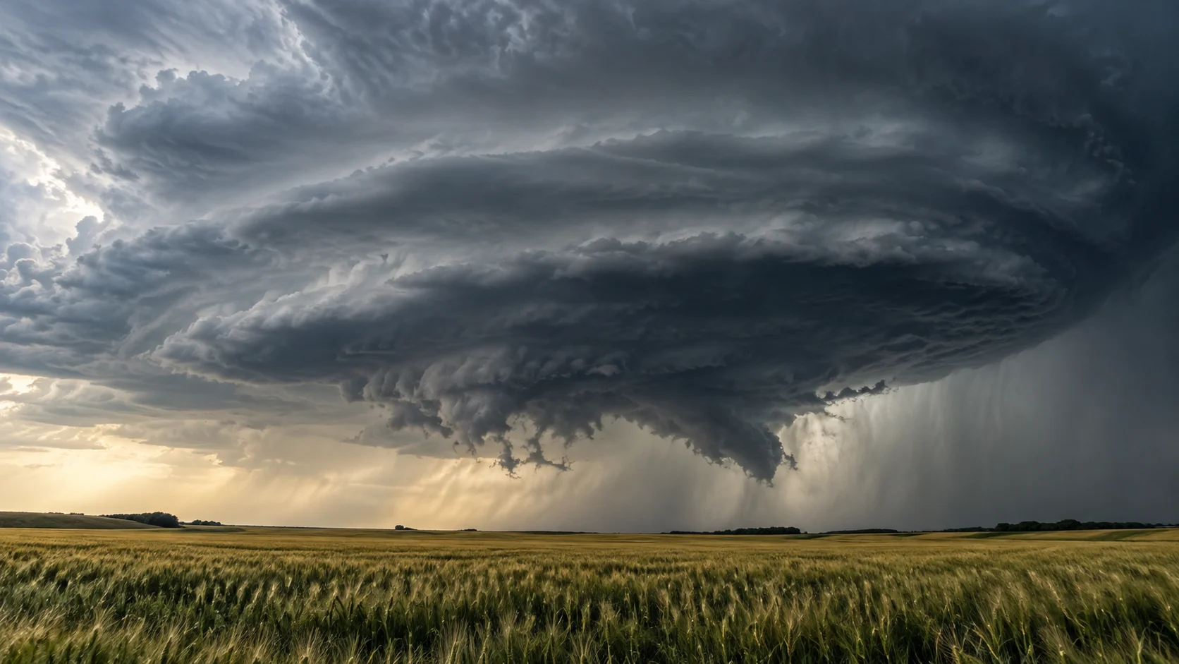 A rotating wall cloud looms over a wide Kansas wheat field