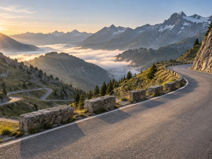 Empty alpine cycling road winding through mountain switchbacks at sunrise