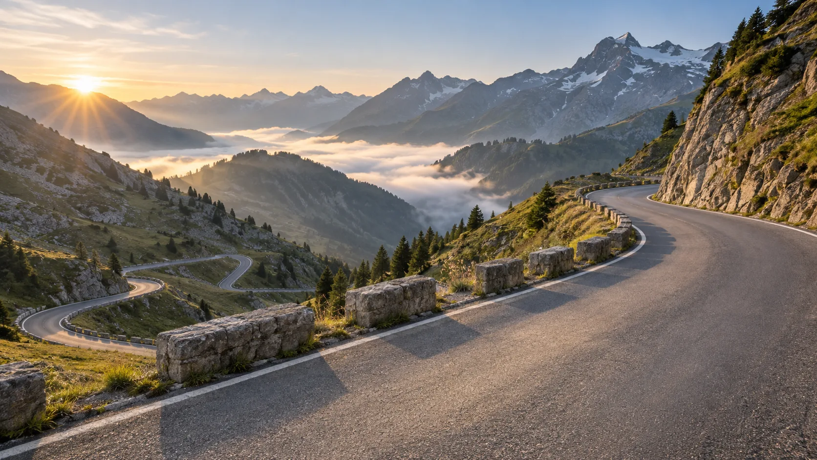 Empty alpine cycling road winding through mountain switchbacks at sunrise