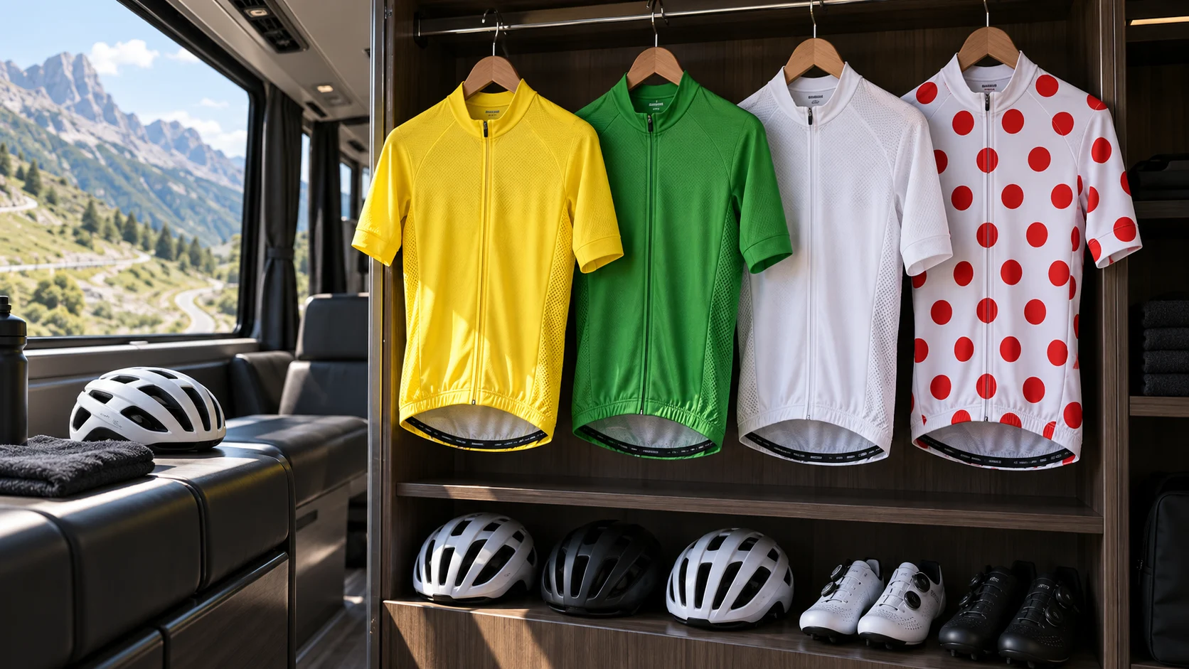 Yellow, green, white, and polka-dot cycling jerseys hanging in a team bus