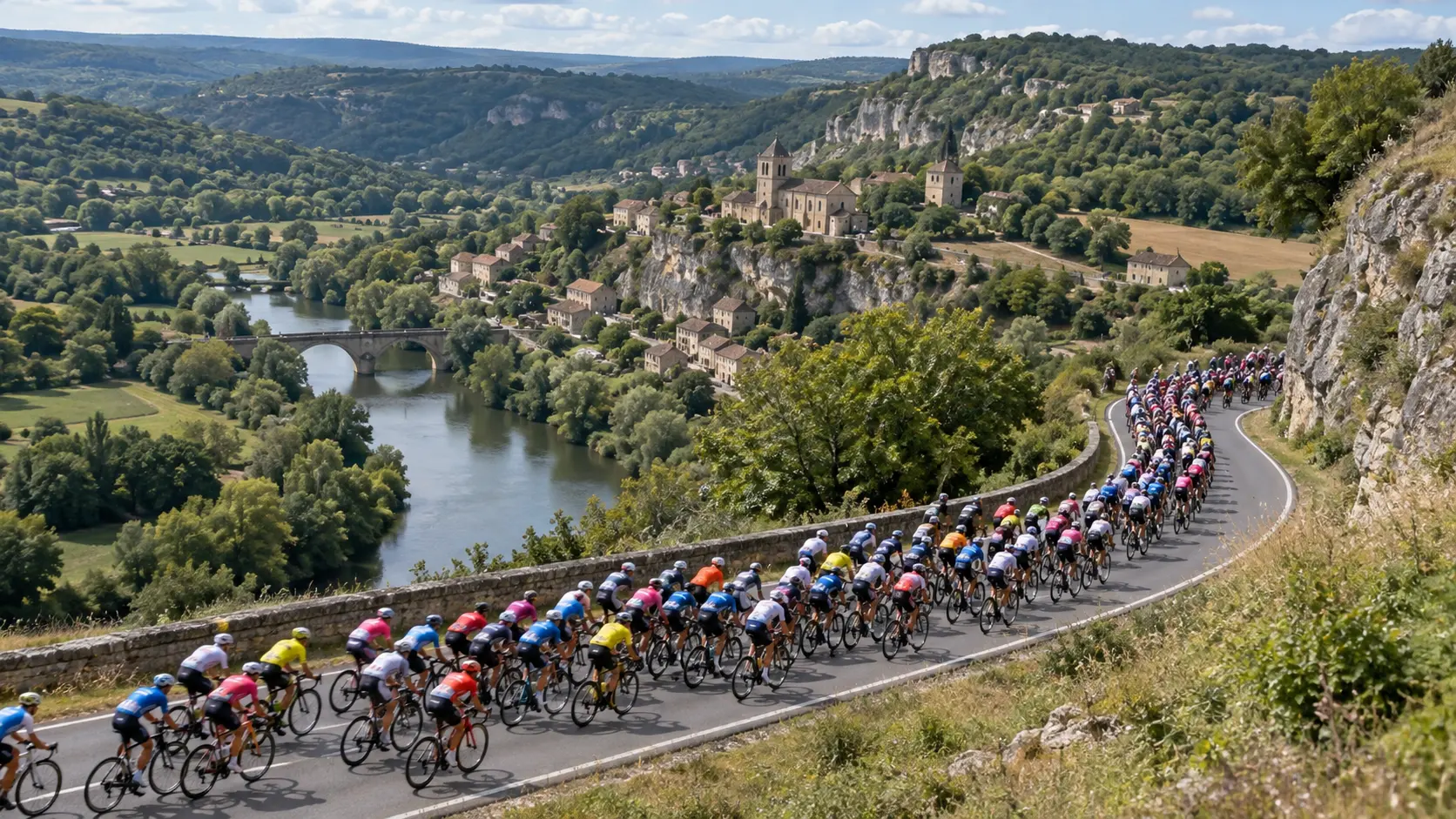 Colorful cycling peloton rounding a bend in the French countryside