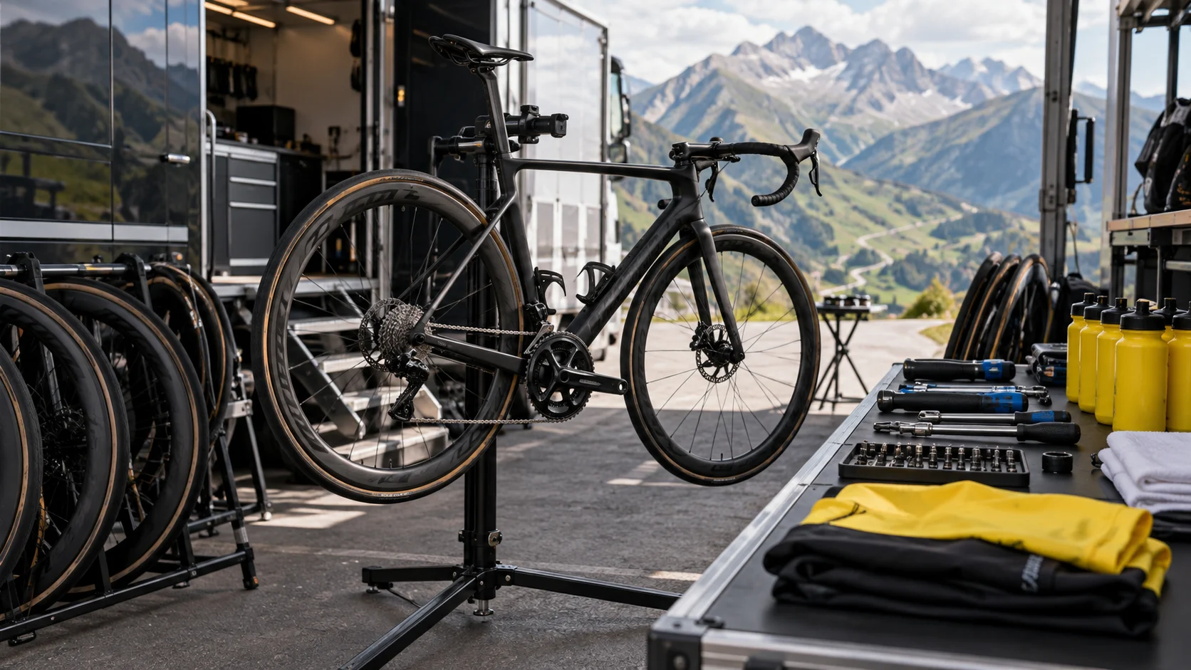 Unbranded racing bicycle on a work stand with spare wheels and tools