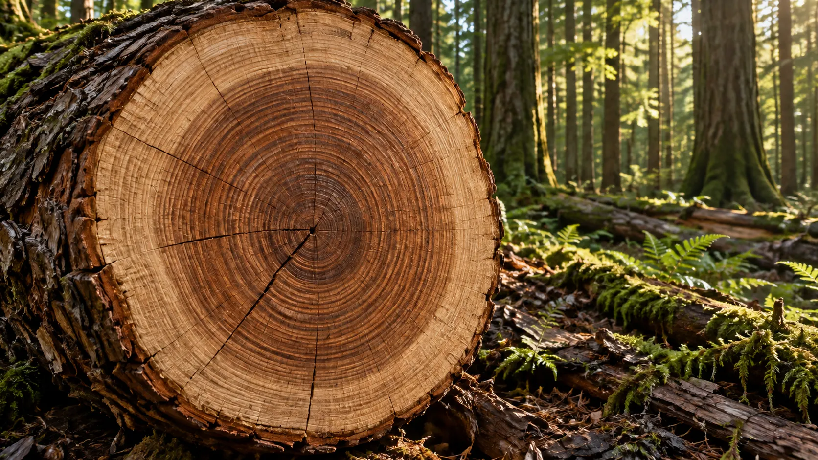 Annual growth rings radiate across the cut face of a fallen tree