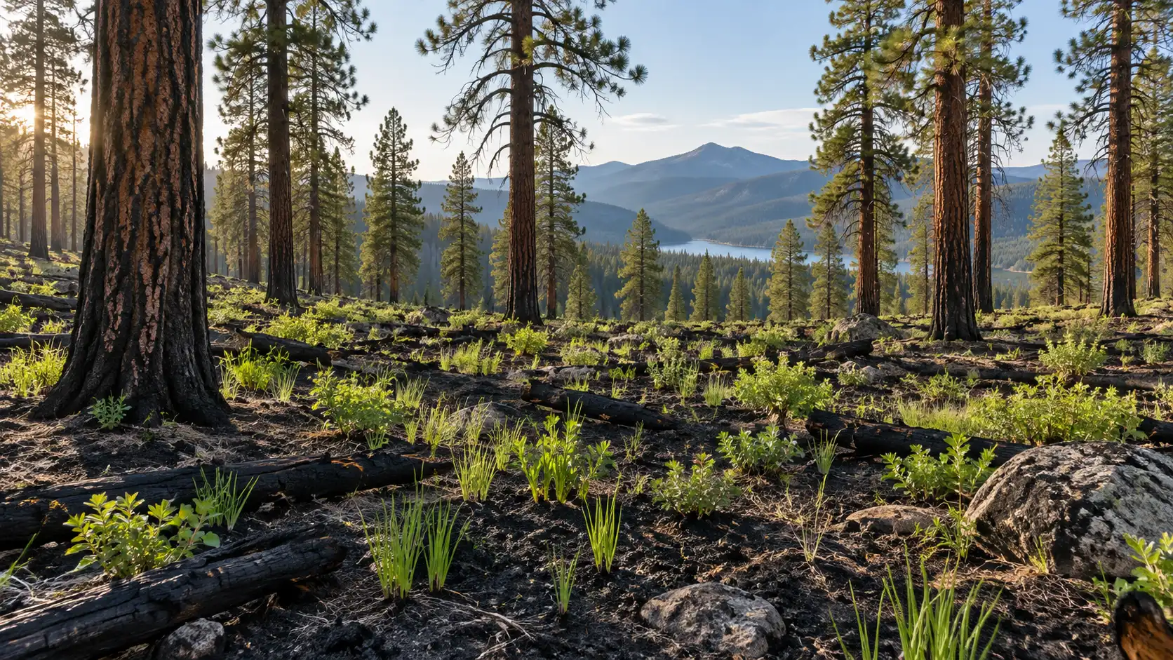 Fresh green shoots emerge across a fire-adapted pine forest