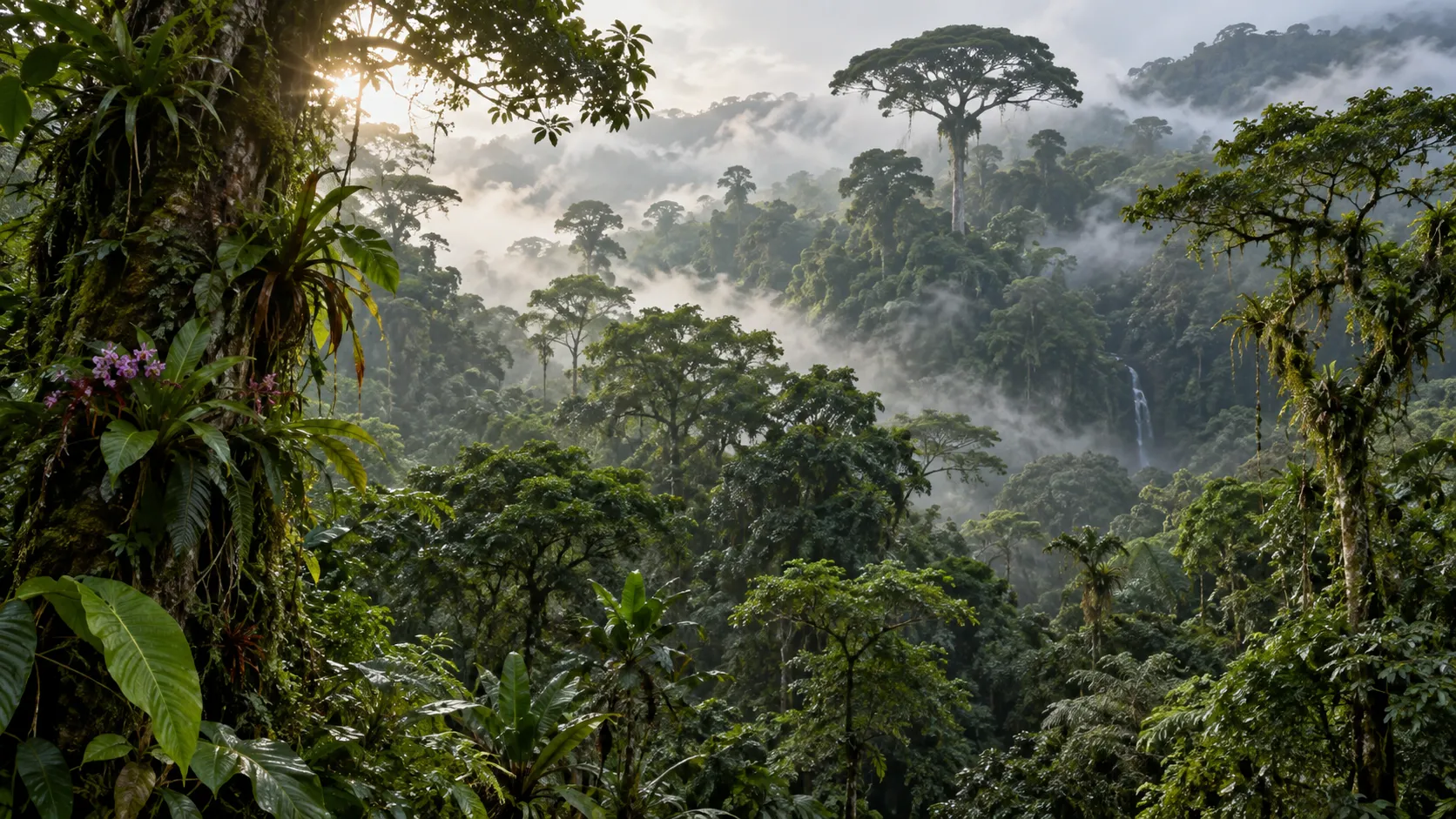 Emergent trees tower above the layered canopy of a misty tropical rainforest