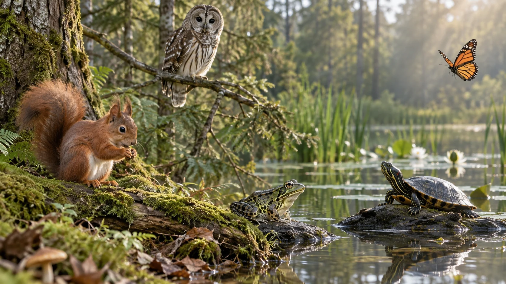 Squirrel owl frog turtle and butterfly in a woodland pond habitat