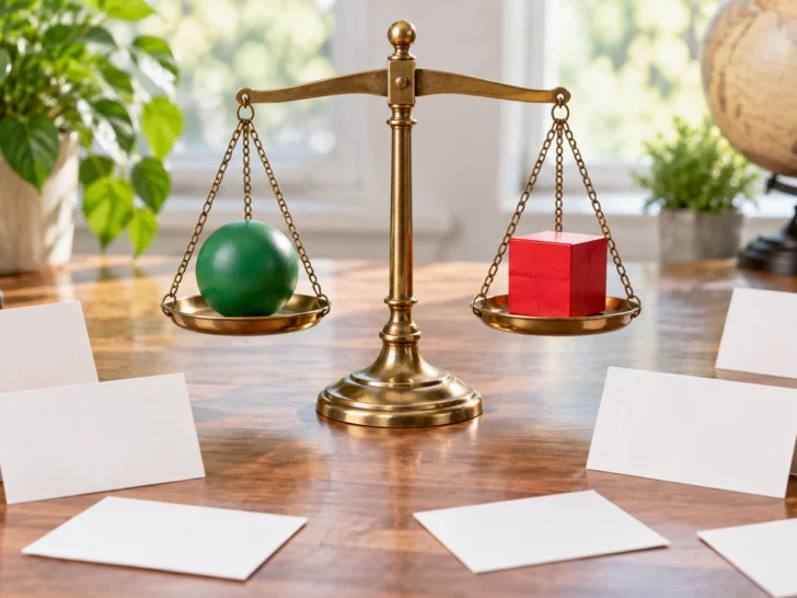 Brass balance scale holding a green sphere and red cube beside quiz cards