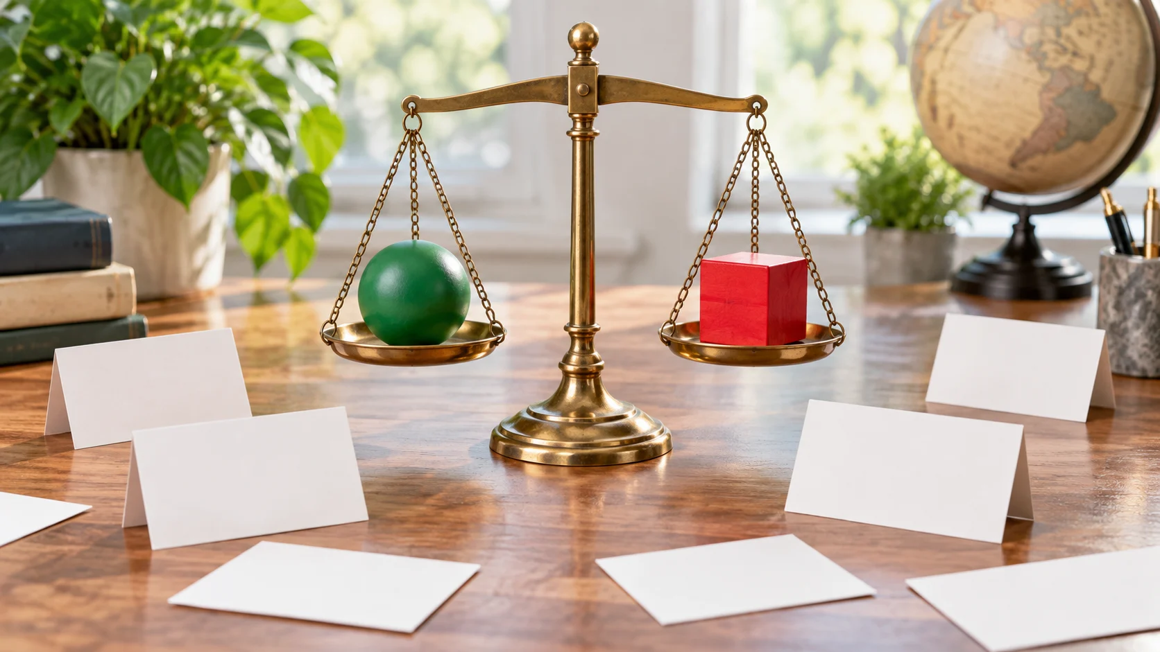 Brass balance scale holding a green sphere and red cube beside quiz cards