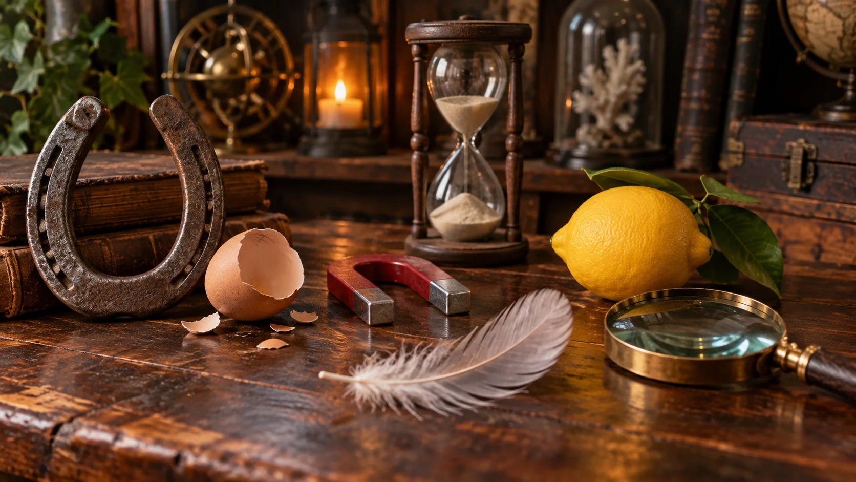 Horseshoe egg magnet feather hourglass and magnifying glass in a curiosity cabinet