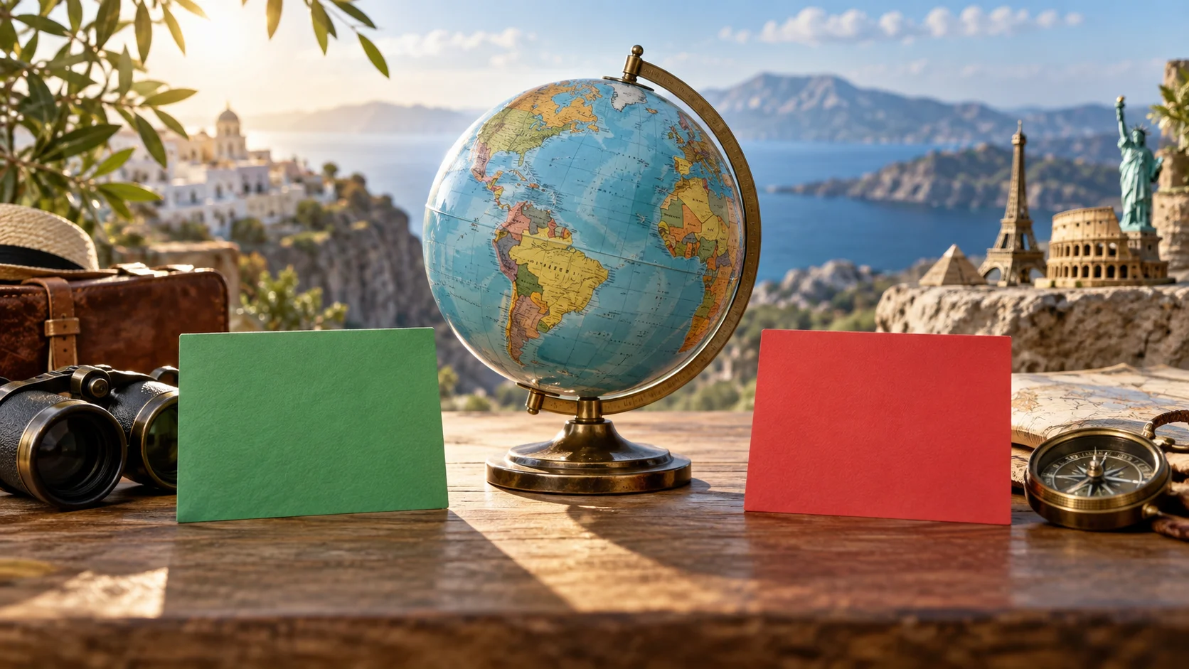 Globe between two colored blank cards with compass and binoculars