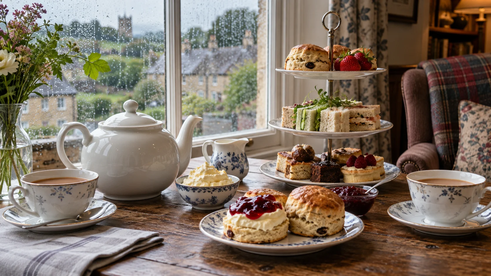 Afternoon tea with scones sandwiches and a teapot beside a rainy window