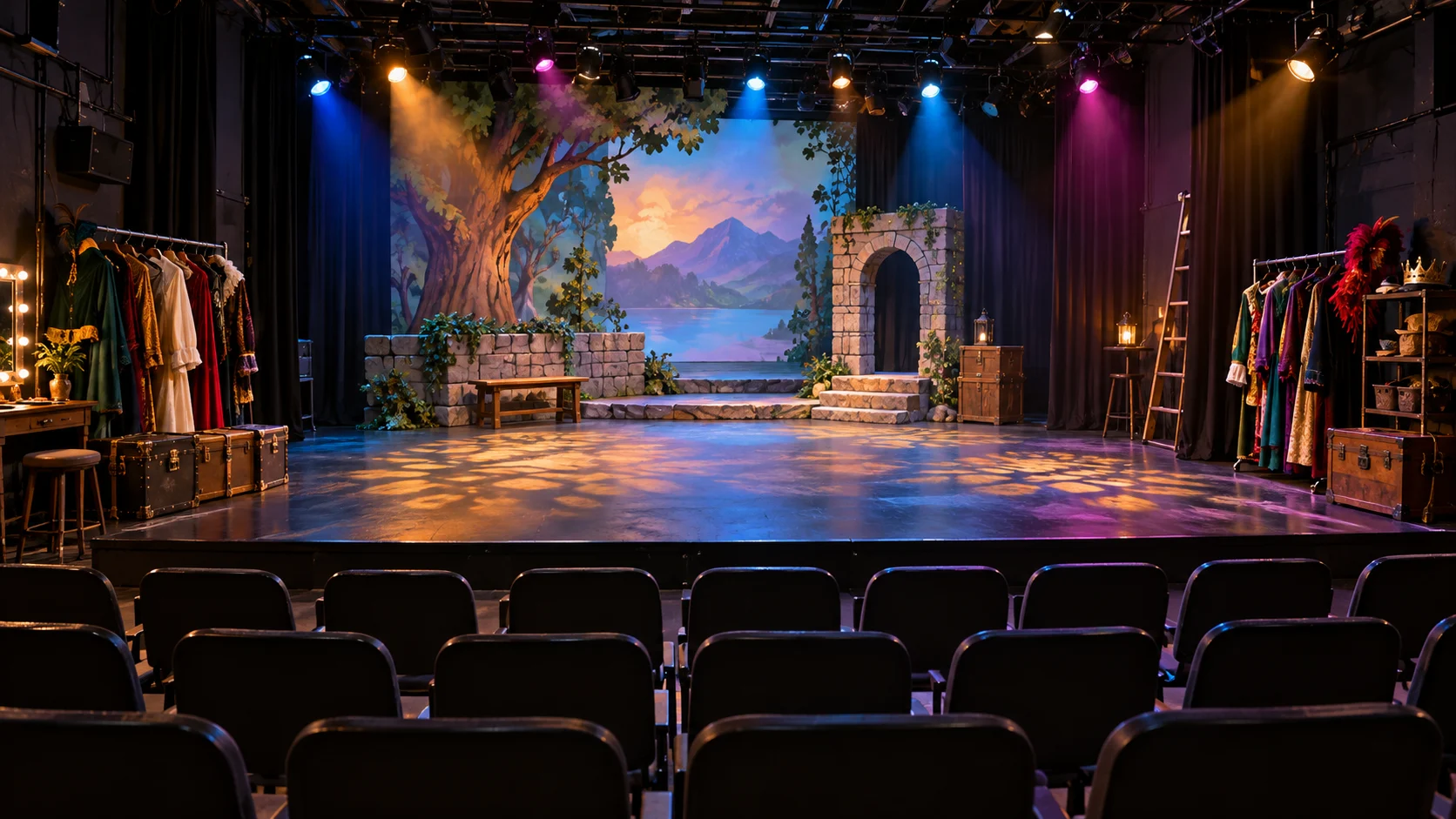A black box theater prepared for a colorful student performance