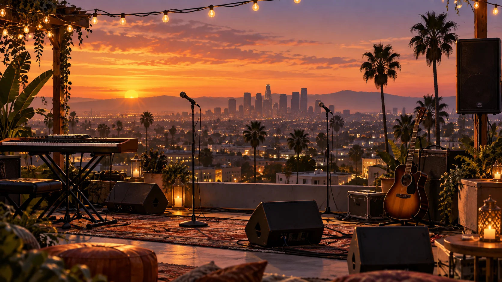A rooftop performance setup above Hollywood at sunset
