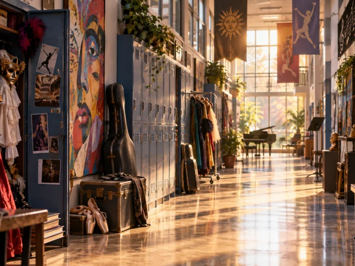 A lively performing arts school hallway with theatrical displays