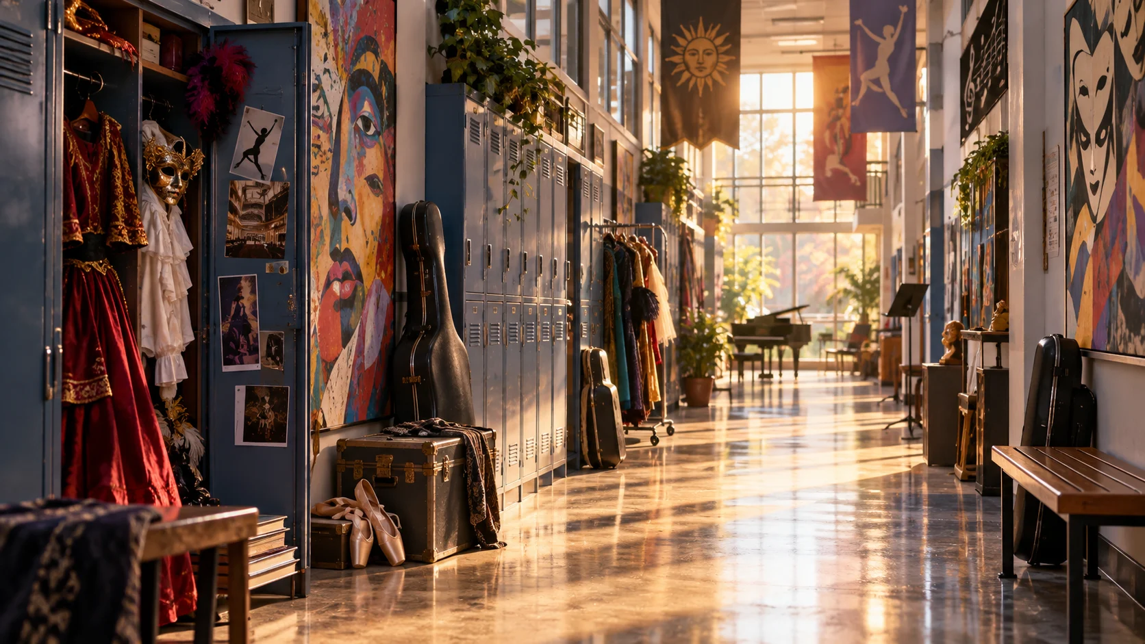 A lively performing arts school hallway with theatrical displays