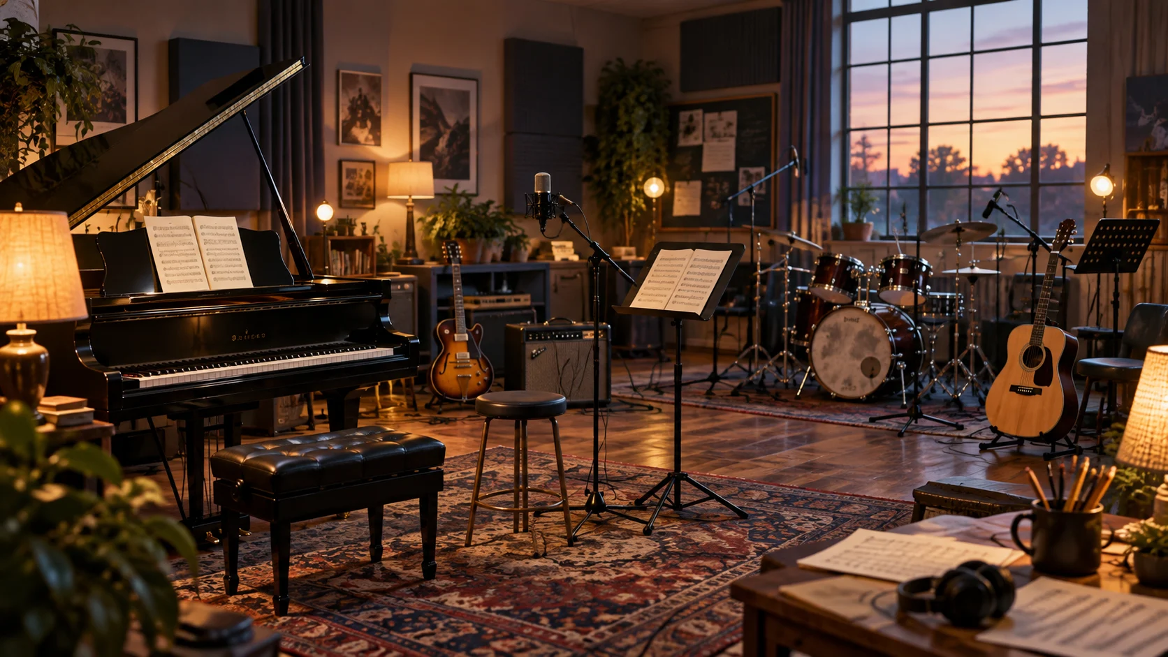 A music rehearsal room with piano, microphones, and guitars