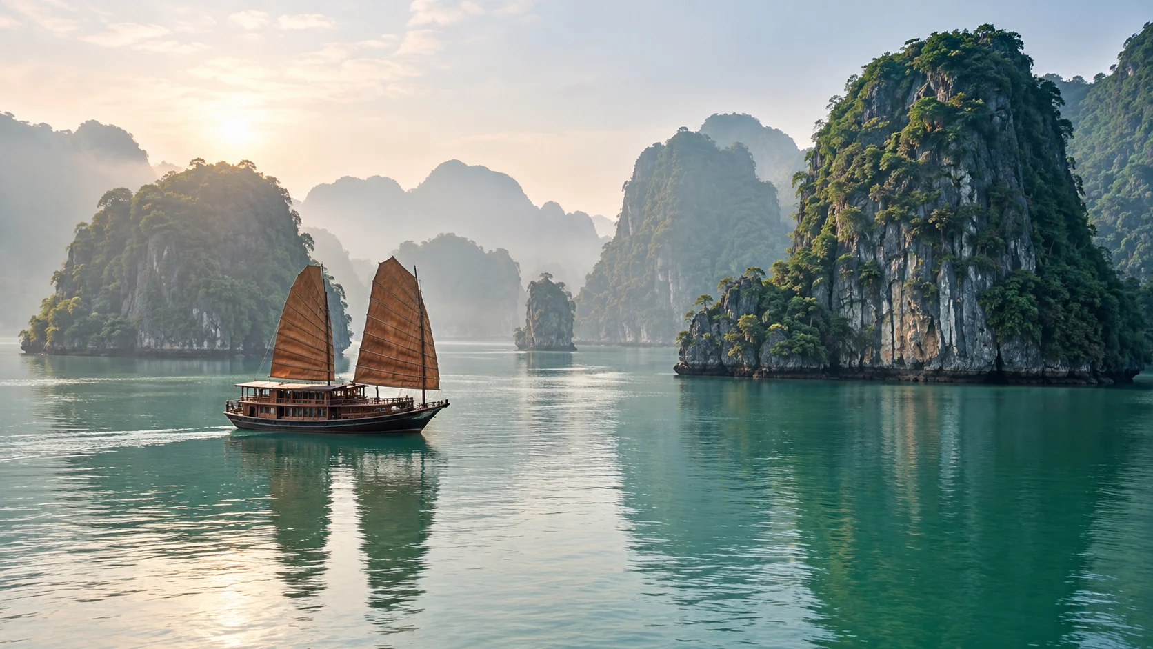 A traditional wooden boat sails among Ha Long Bay's limestone islands