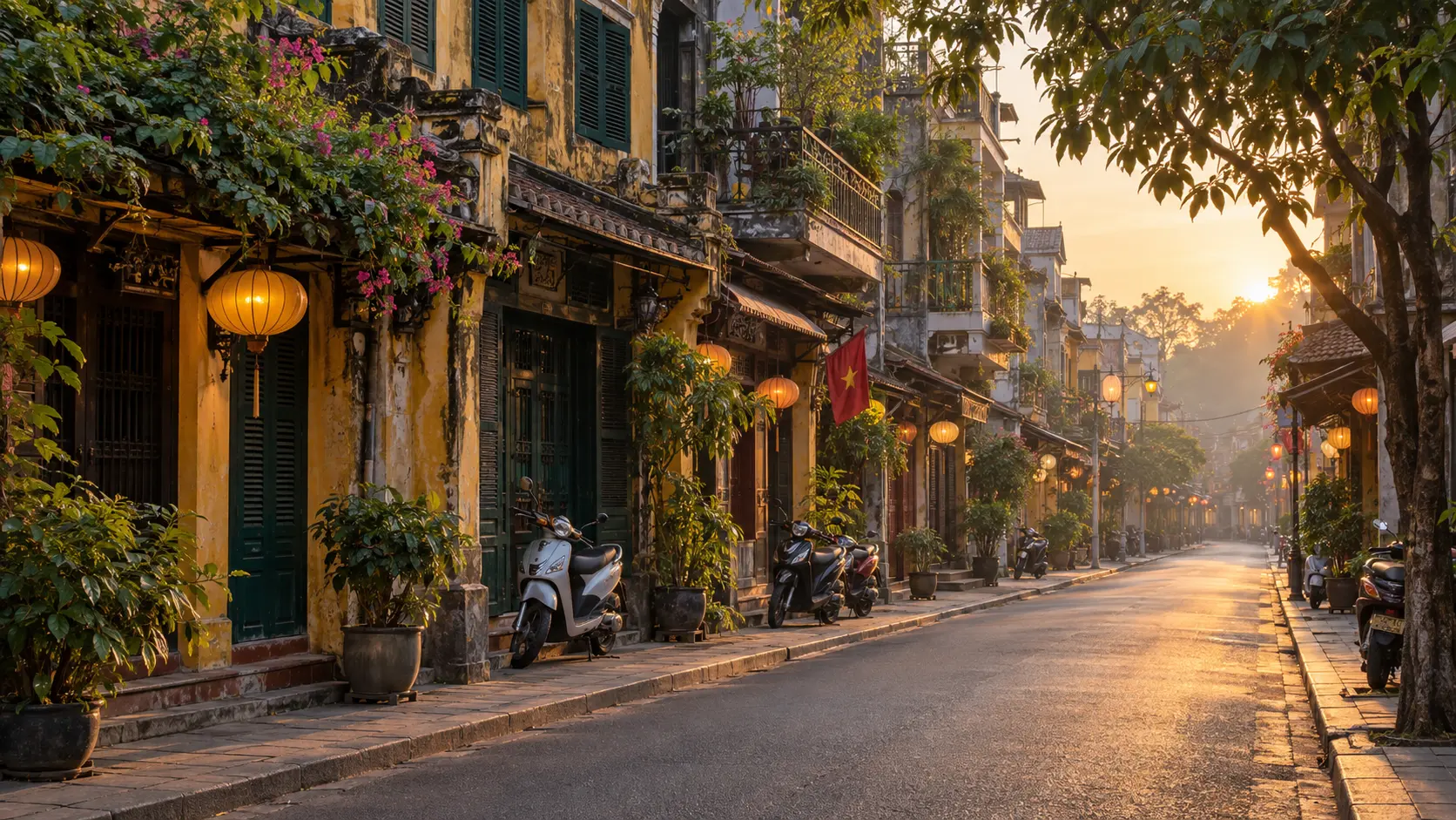 A quiet Hanoi Old Quarter street glows in the early morning