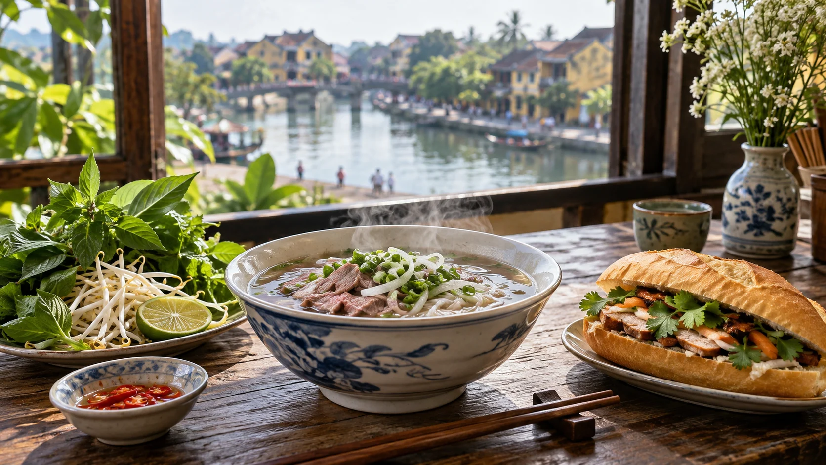 A steaming bowl of pho and banh mi sit beside fresh herbs