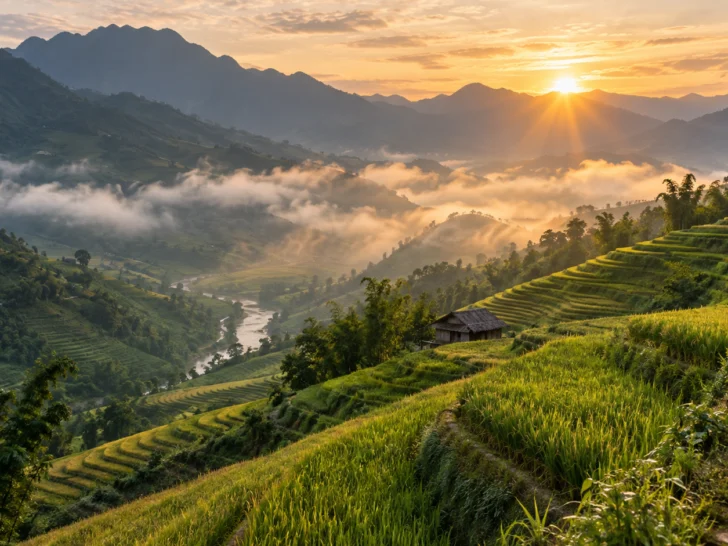 A farmer walks through misty rice terraces at sunrise in northern Vietnam