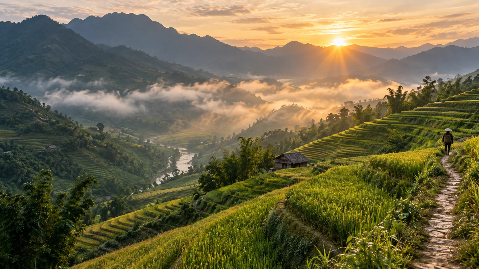 A farmer walks through misty rice terraces at sunrise in northern Vietnam